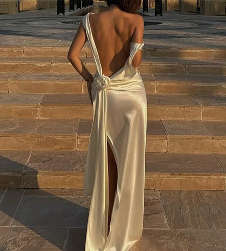 Satin Backless Sexy Maxi Dress For Women Elegant Rose Thigh High Split Beach Holiday Long Dress Gorgeous Club Gown