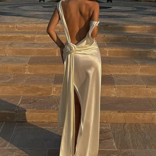 Load image into Gallery viewer, Satin Backless Sexy Maxi Dress For Women Elegant Rose Thigh High Split Beach Holiday Long Dress Gorgeous Club Gown

