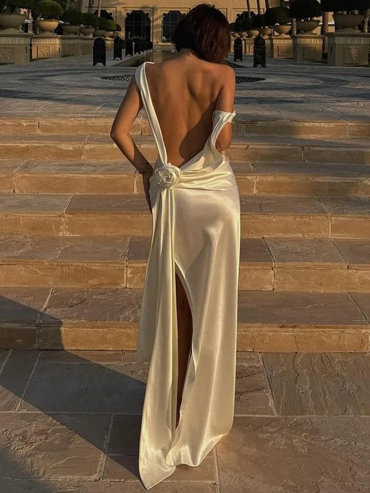 Satin Backless Sexy Maxi Dress For Women Elegant Rose Thigh High Split Beach Holiday Long Dress Gorgeous Club Gown