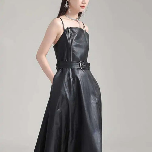 Load image into Gallery viewer, Women Black Pu Leather Belted Long A-line Dress New V-Neck Sleeveless Loose Fit Fashion Tide Spring Autumn 2025 1DH2000
