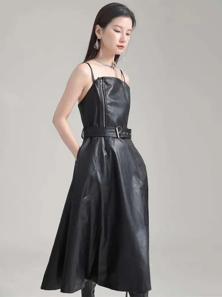 Women Black Pu Leather Belted Long A-line Dress New V-Neck Sleeveless Loose Fit Fashion Tide Spring Autumn 2025 1DH2000