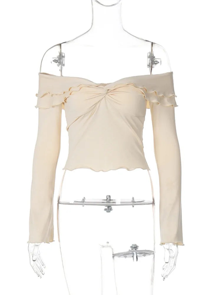 Slim Sexy Skirt Two Piece Sets Women Strapless Long Sleeve Crop Top And Hot Mini Skirt Female Party Two Piece Sets