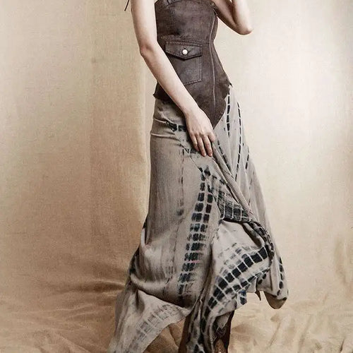 Load image into Gallery viewer, Women Brown Irregular Spliced Tie Dye Vintage Long Strapless Dress New Sleeveless Fashion Tide Spring Autumn 2025 1DH9375
