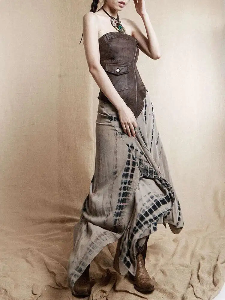 Women Brown Irregular Spliced Tie Dye Vintage Long Strapless Dress New Sleeveless Fashion Tide Spring Autumn 2025 1DH9375