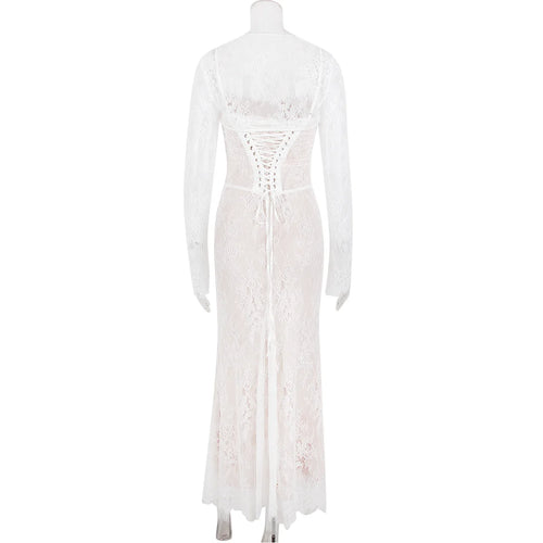 Load image into Gallery viewer, Elegant Lace Print Maxi Dress Set Women Fashion Spaghetti Strap Long Sleeve Bodycon Club Party Sexy Long Dress
