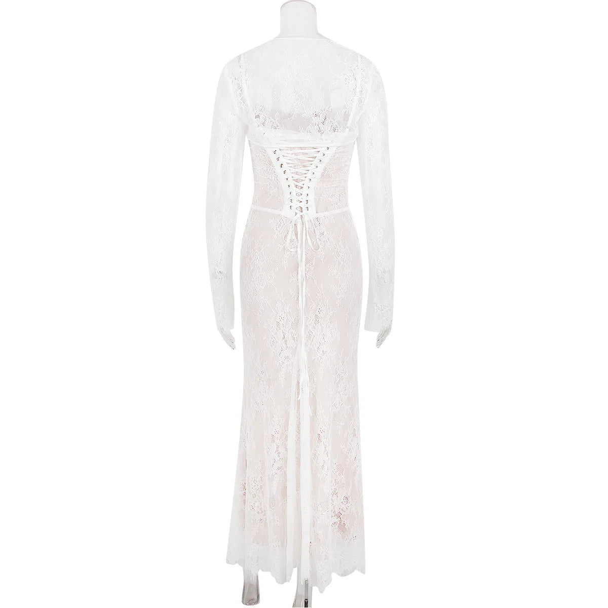 Elegant Lace Print Maxi Dress Set Women Fashion Spaghetti Strap Long Sleeve Bodycon Club Party Sexy Long Dress