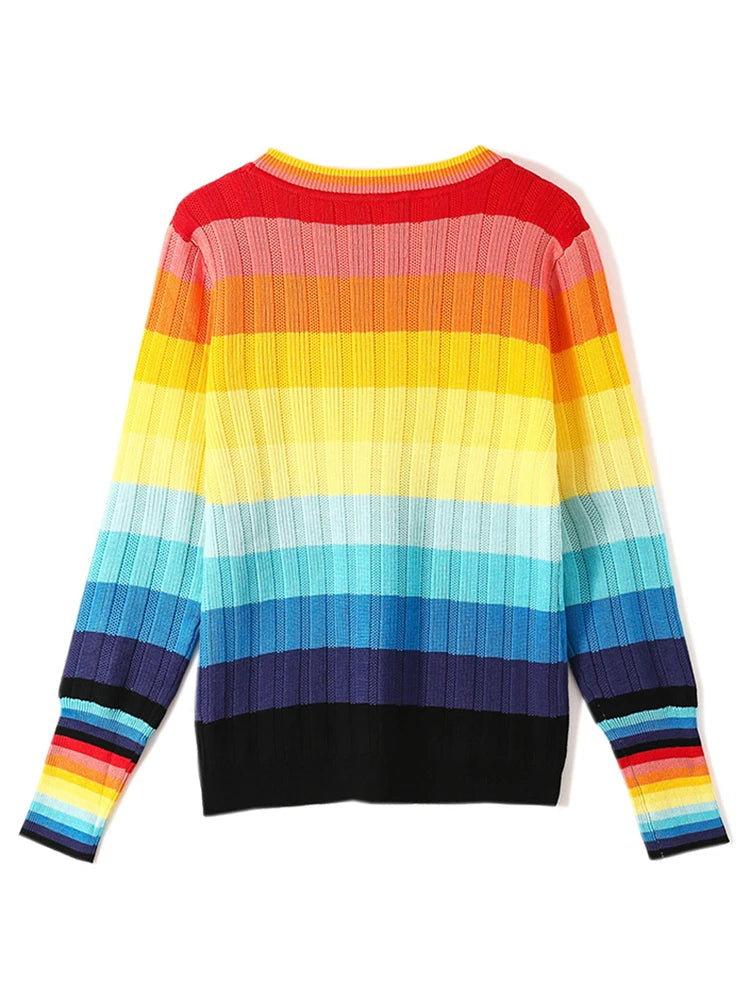 New Multicolor Rainbow Sweater Autumn Winter Women Sweater O-Neck Knitted Jumper Top Loose Casual Warm Femme Sweater C-144