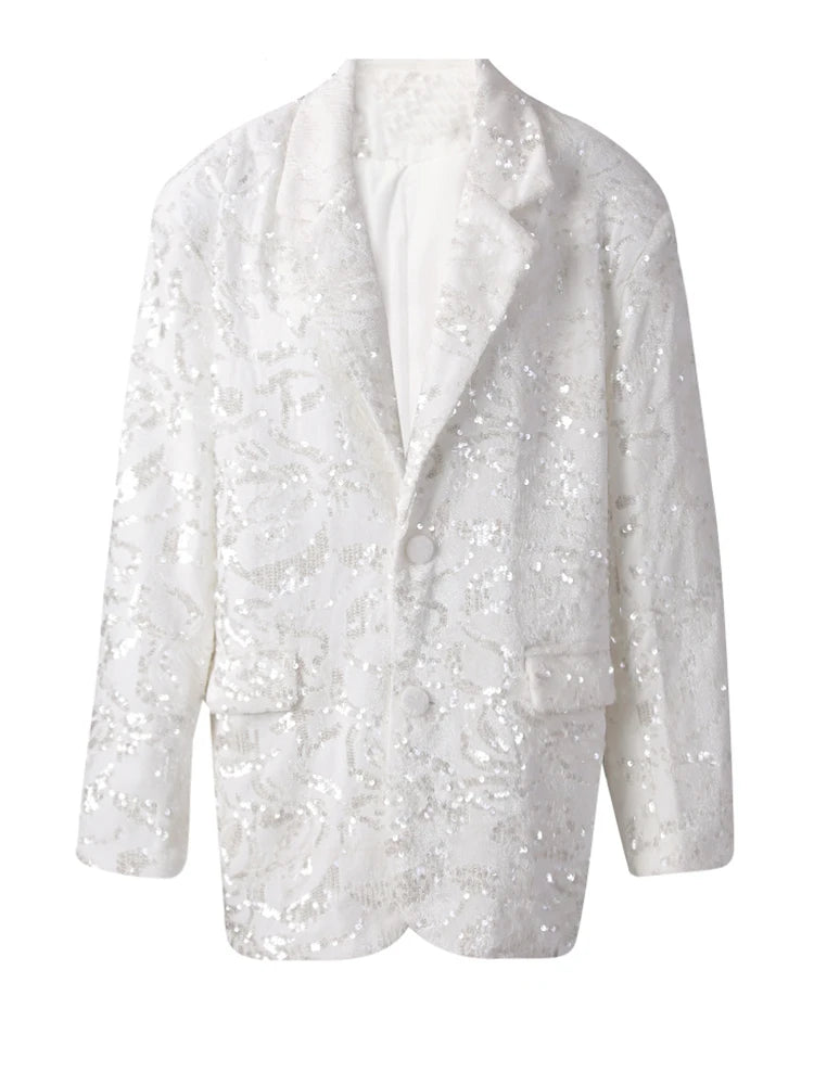 Women Red Sequins Shining Big Size Elegant Blazer New Lapel Long Sleeve Jacket Fashion Tide Spring Autumn 2025 CPG3014