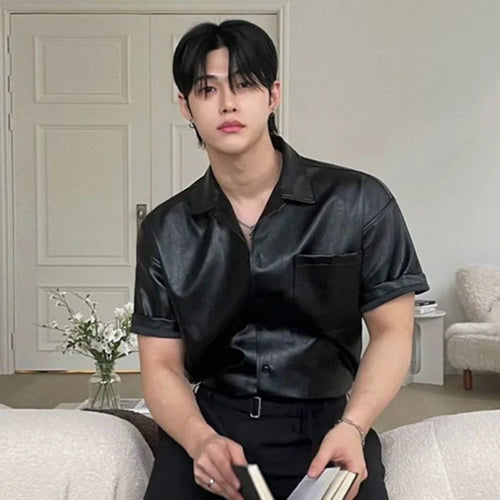 Load image into Gallery viewer, PU Leather Men's Short Sleeve Shirt Summer Korean New Chic Male Shirt Korean Handsome Lapel Loose Trendy Top 9W1628
