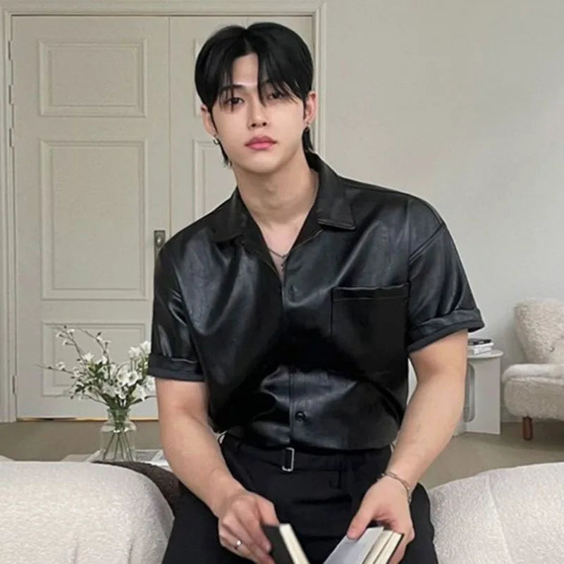 PU Leather Men's Short Sleeve Shirt Summer Korean New Chic Male Shirt Korean Handsome Lapel Loose Trendy Top 9W1628