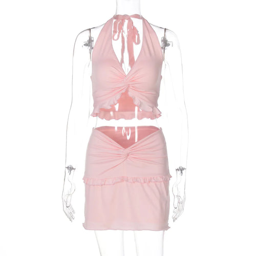 Load image into Gallery viewer, Ruffle Sexy Skirt Two Piece Sets Women Halter Lace-up Crop Top And Mini Skirt Female Beach Club Party 2 Piece Set
