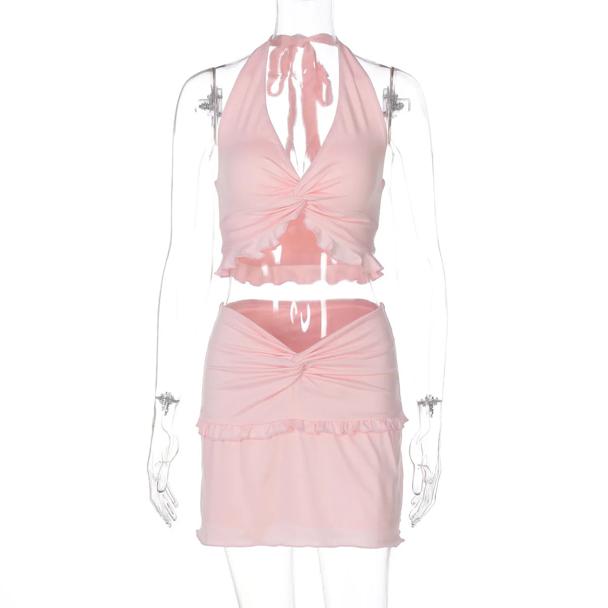 Ruffle Sexy Skirt Two Piece Sets Women Halter Lace-up Crop Top And Mini Skirt Female Beach Club Party 2 Piece Set