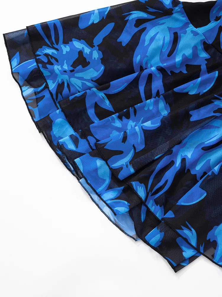 Blue Print Ruffled Sexy Mini Dress For Women Robe Irregular Oblique Shoulder Sleeveless Backless Club Party Dress Beach