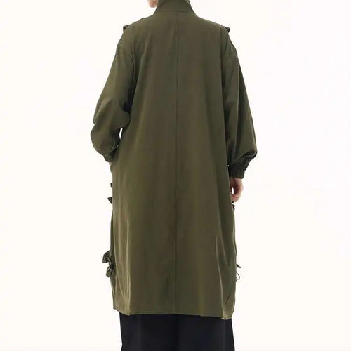 Load image into Gallery viewer, Women Army Green Ruffles Big Size Long Trench New Stand Collar Long Sleeve Windbreaker Fashion Spring Autumn 2025 1DH9215
