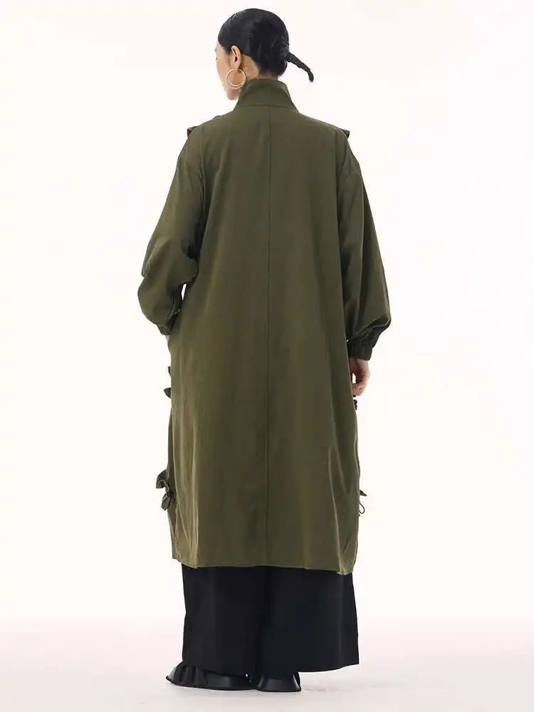 Women Army Green Ruffles Big Size Long Trench New Stand Collar Long Sleeve Windbreaker Fashion Spring Autumn 2025 1DH9215