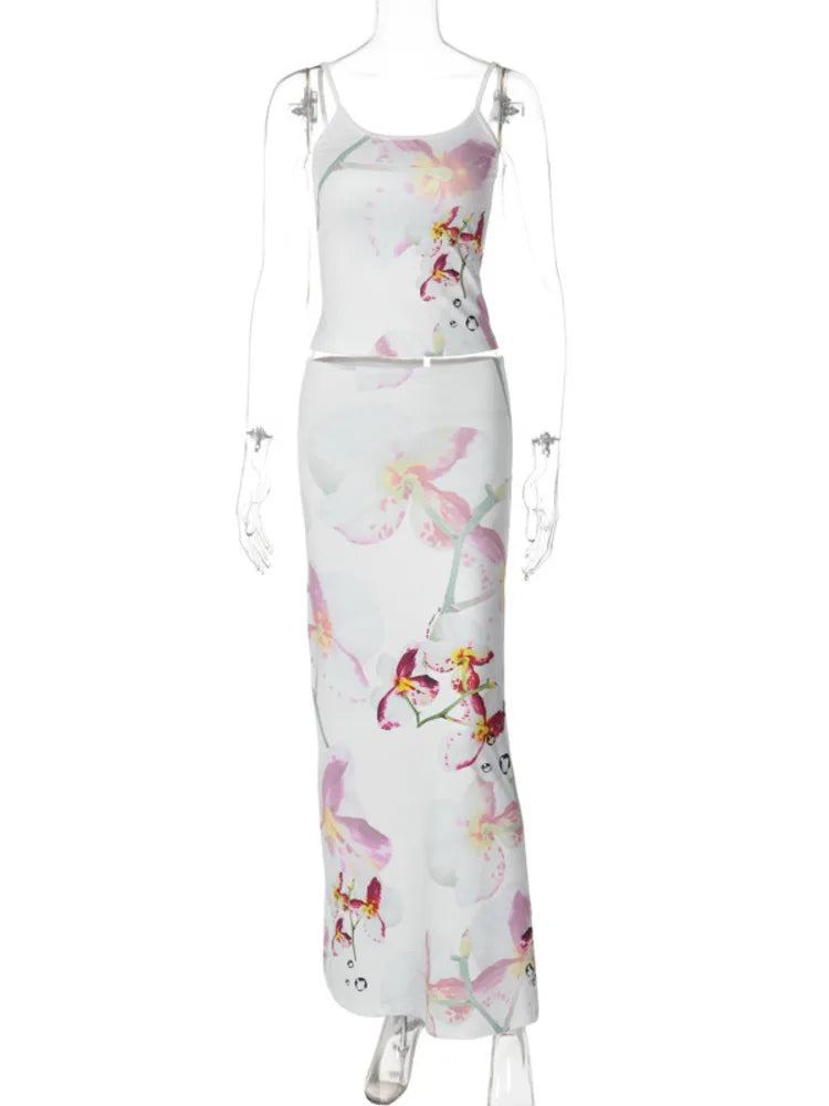 Print Sexy Two Piece Sets Women Fashion Spaghetti Strap Crop Tops And Maxi Skirt Ladies Elegant Printed Sexy Skirt Sets