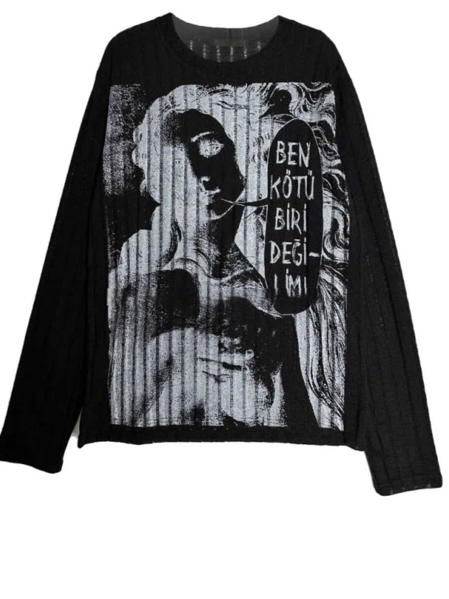 Y2k Tshirts Women 2024 Ropa Mujer Long Sleeve Print Tees Korean Fashion Camisetas Hollow Out Harajuku Summer Oversized T Shirt