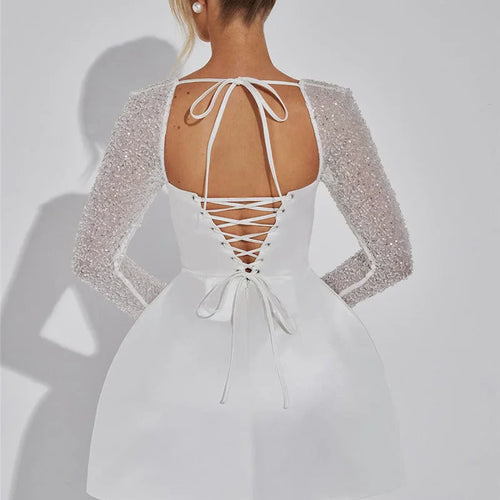 Load image into Gallery viewer, Glitter Long Sleeve Backless Sexy Mini Dress For Women Robe Square Collar Lace-up High Waist A-line Club Dress Elegant
