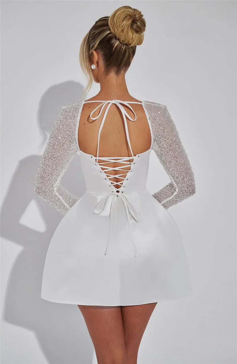 Glitter Long Sleeve Backless Sexy Mini Dress For Women Robe Square Collar Lace-up High Waist A-line Club Dress Elegant