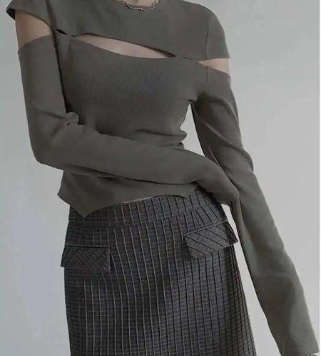 Cut-out Green Knitting Sweater Loose Fit Round Neck Long Sleeve Women Pullovers New Fashion Spring Autumn 2025 1DF4912