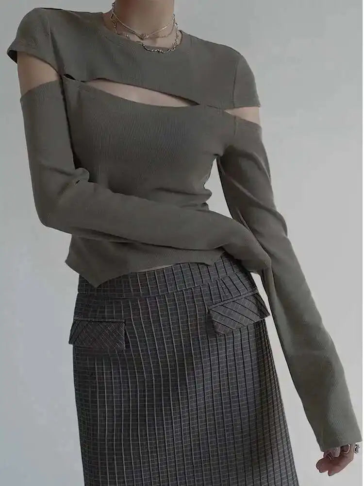 Cut-out Green Knitting Sweater Loose Fit Round Neck Long Sleeve Women Pullovers New Fashion Spring Autumn 2025 1DF4912