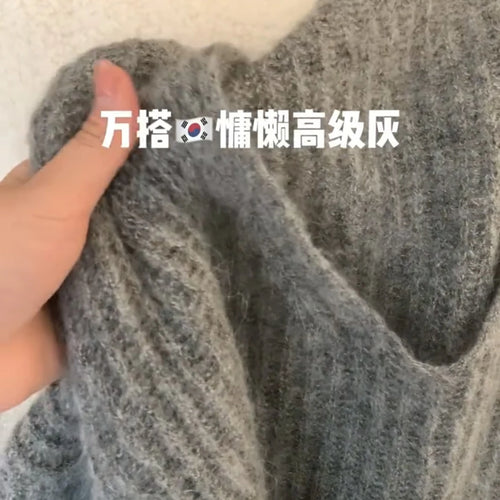 Load image into Gallery viewer, Korean Fashion Women's Gray Round Neck Versatile Cotton Sweater Autumn V Neck Long Sleeves Vacation Pullovers Tops Casual Simple
