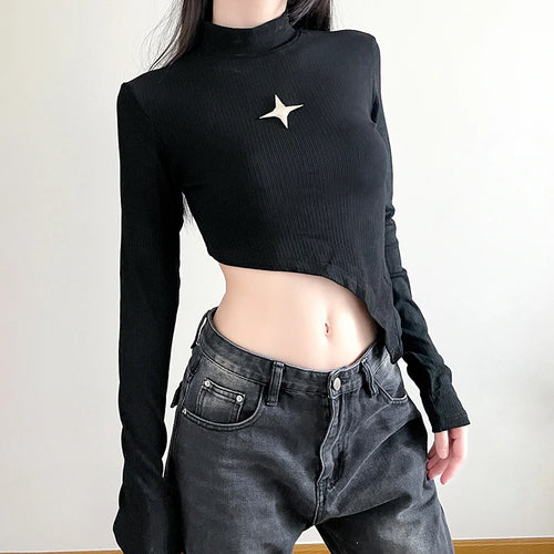 Load image into Gallery viewer, Casual Black Cotton Slim Women T-shirt Top Asymmetrical Long Sleeve Korean Tee Shirts Metal Basic Spring Autumn Shirt
