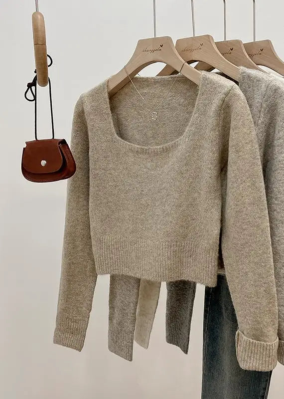 Korean Fashion Women's Solid Long Sleeve Square Neck Knitted Sweater 2024 Autumn Winter New Holiday Short Tops Casual Simplicity