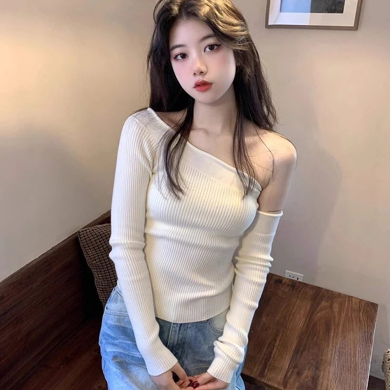 Harajuku Skew Collar Slim Fit T-shirts 2025 Spring Streetwear White Knitted Grunge Tops Women Sexy Y2k Aesthetic Cropped Tees