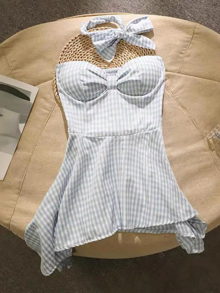 Summer French Plaid Off Shoulder Sleeveless Irregular Strapless Tops Women Backless High Waist Slim Short Top Fashion Clothing
