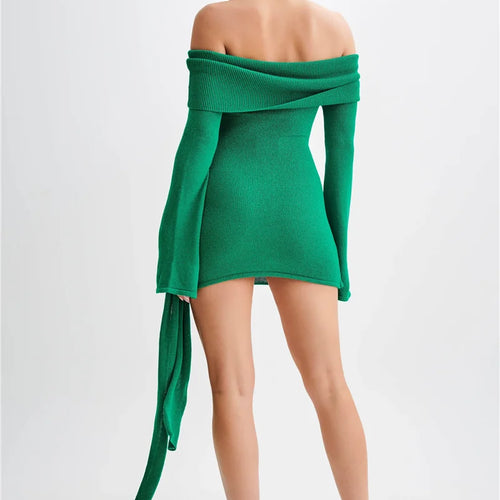 Load image into Gallery viewer, Off-shoulder Knit Mini Dress For Women Autumn Winter New Strapless Backless Long Sleeve Ruched Draped Knitted Dress
