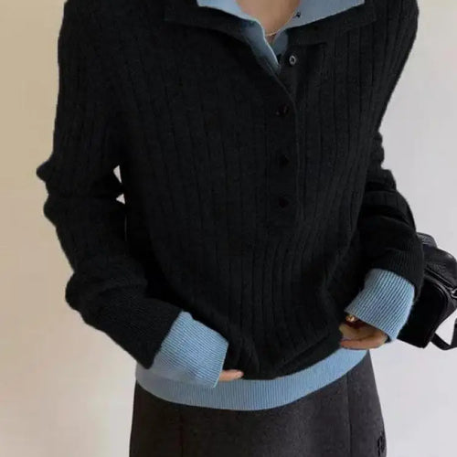 Load image into Gallery viewer, Autumn Winter Black Patchwork Long Sleeve Knit Pullovers Tops Vintage Women Grey Single Breasted Sweater Trend Streetwear Casual
