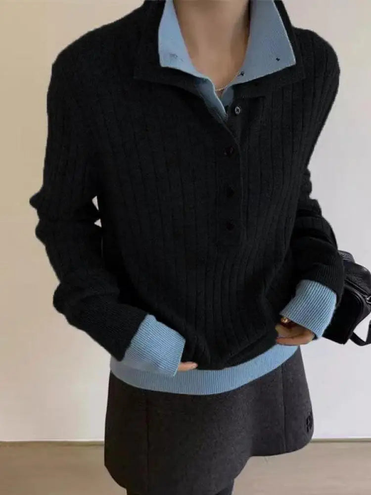 Autumn Winter Black Patchwork Long Sleeve Knit Pullovers Tops Vintage Women Grey Single Breasted Sweater Trend Streetwear Casual