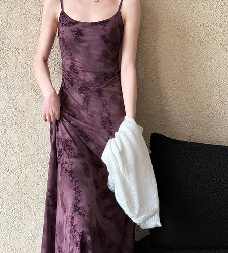 Women Brown Printed Vintage Long Spaghetti Strap Dress New Round Neck Sleeveless Fashion Tide Spring Summer 2025 1DJ0289