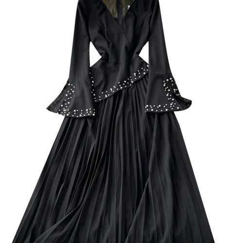 Load image into Gallery viewer, Black Slim High Waist V-neck Long Sleeved Bead Dress For Women 2024 Autumn French New Zipper Pleated Evening Party Dress Fashion
