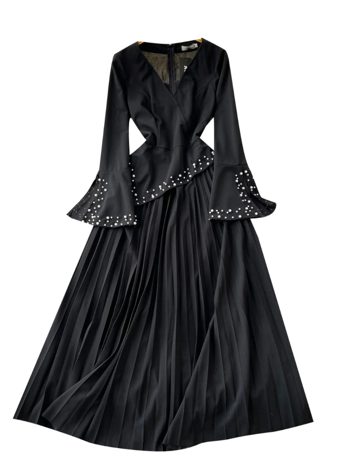 Black Slim High Waist V-neck Long Sleeved Bead Dress For Women 2024 Autumn French New Zipper Pleated Evening Party Dress Fashion