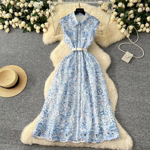 Load image into Gallery viewer, French Women's Orange Blue Crochet Flower Elegant Sleeveless Hollow Out Long Dress Summer Sexy Slim Single Breasted Party Dress
