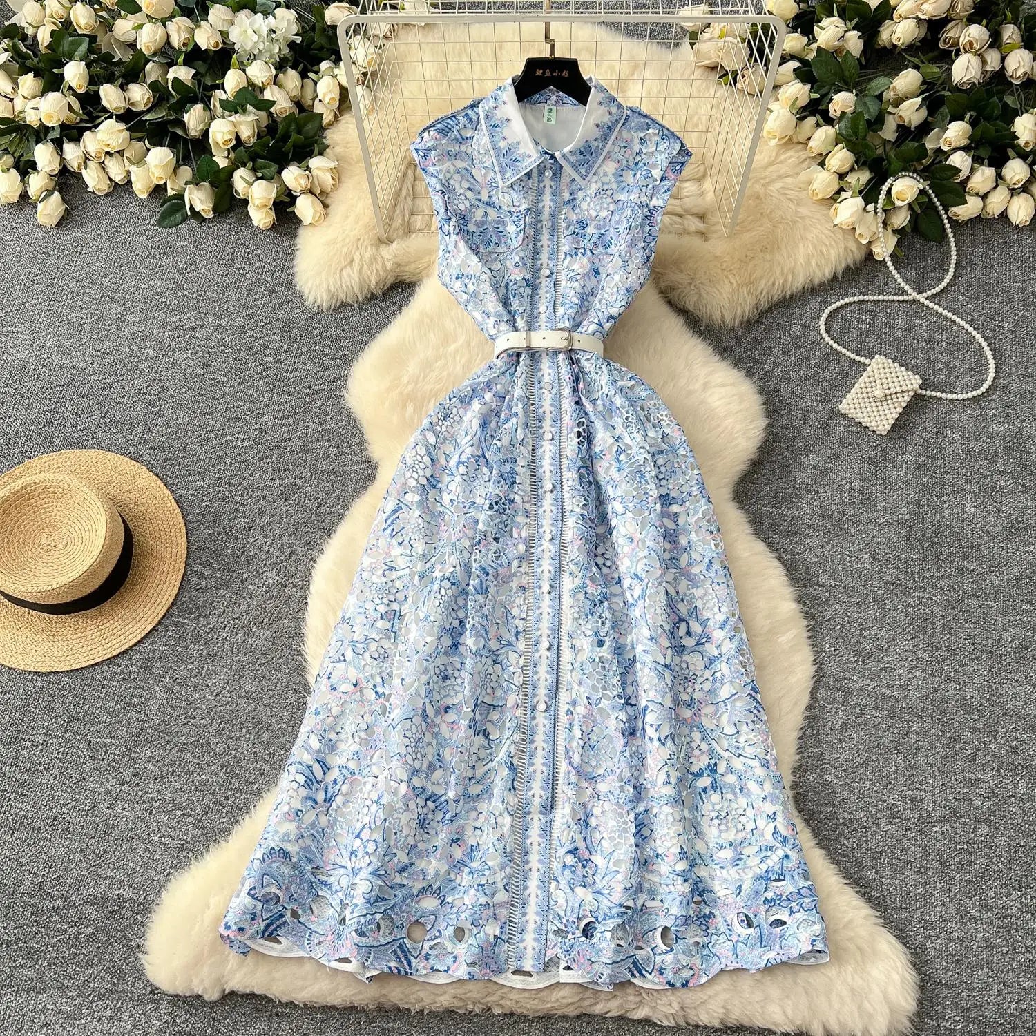 French Women's Orange Blue Crochet Flower Elegant Sleeveless Hollow Out Long Dress Summer Sexy Slim Single Breasted Party Dress