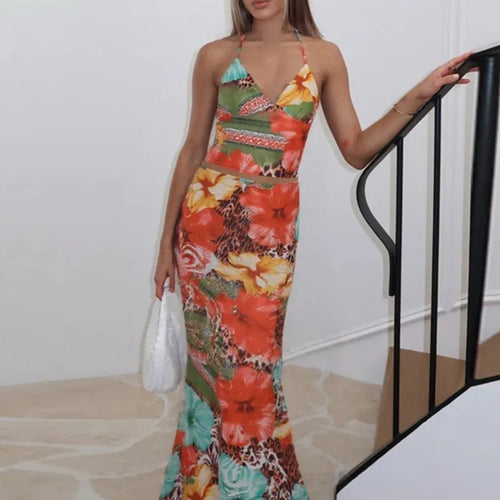 Load image into Gallery viewer, Leopard Print Sexy 2 Piece Sets Women Summer Fashion Lace-up Halter Crop Tops And Maxi Skirt Female Party Two Piece Set
