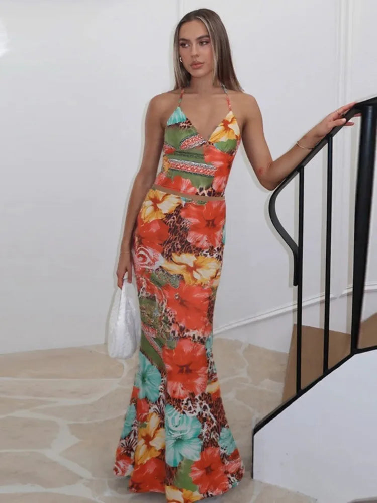 Leopard Print Sexy 2 Piece Sets Women Summer Fashion Lace-up Halter Crop Tops And Maxi Skirt Female Party Two Piece Set