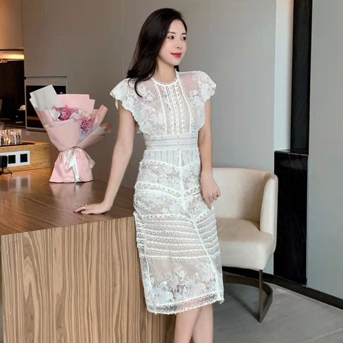 Load image into Gallery viewer, Solid Embroidery Summer Fashion Dresses For Women Round Neck Sleeveless Lace Mesh Dress Female Fashion Clothes
