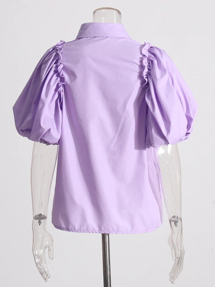 Minimalist Shirts For Women Lapel Puff Sleeve Casual Loose Ruffles Summer Blouse Female Fashion Style Clothing