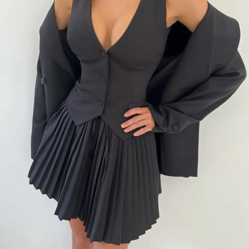 Load image into Gallery viewer, Fashion Suit Vest Pleated Short Skirt Two Piece Set Women&#39;s Slim Button Tight Set Female Summer New 2024 Street Clothing
