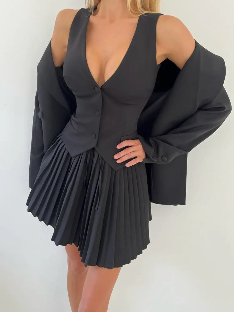 Fashion Suit Vest Pleated Short Skirt Two Piece Set Women's Slim Button Tight Set Female Summer New 2024 Street Clothing