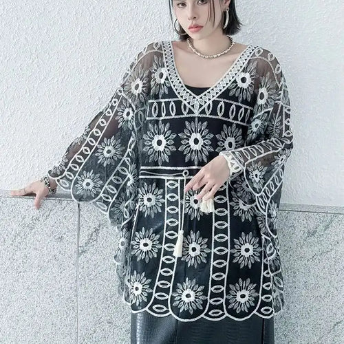 Load image into Gallery viewer, Women Black Lace Hollow Out Big Size Blouse New V-Neck Long Batwing Sleeve Shirt Fashion Tide Spring Autumn 2025  1DJ0786

