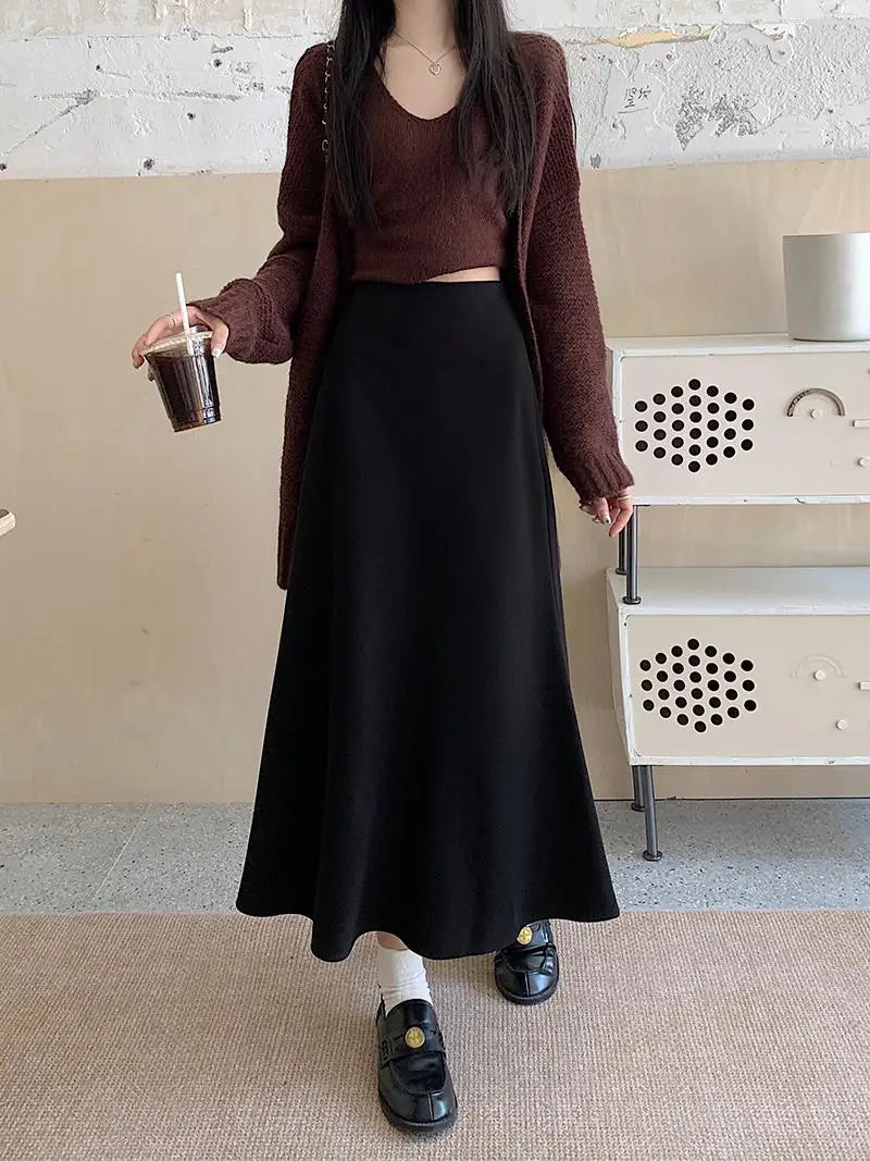 Korean Chic Women's Black Temperament Vacation Knitted Long Skirt Autumn Winter Brown High Waist Skirts Fashion Simplicity Trend