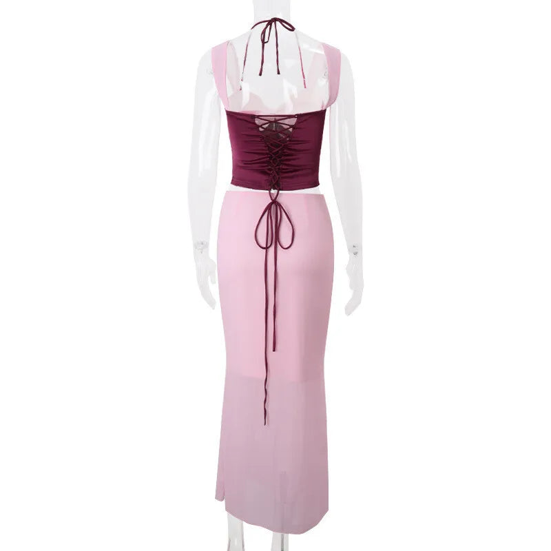 Sexy Skirt Two Piece Sets Women Halter Lace-up Cropped Tops And Maxi Skirt Ladies Fashion Sleeveless 2 Piece Sets