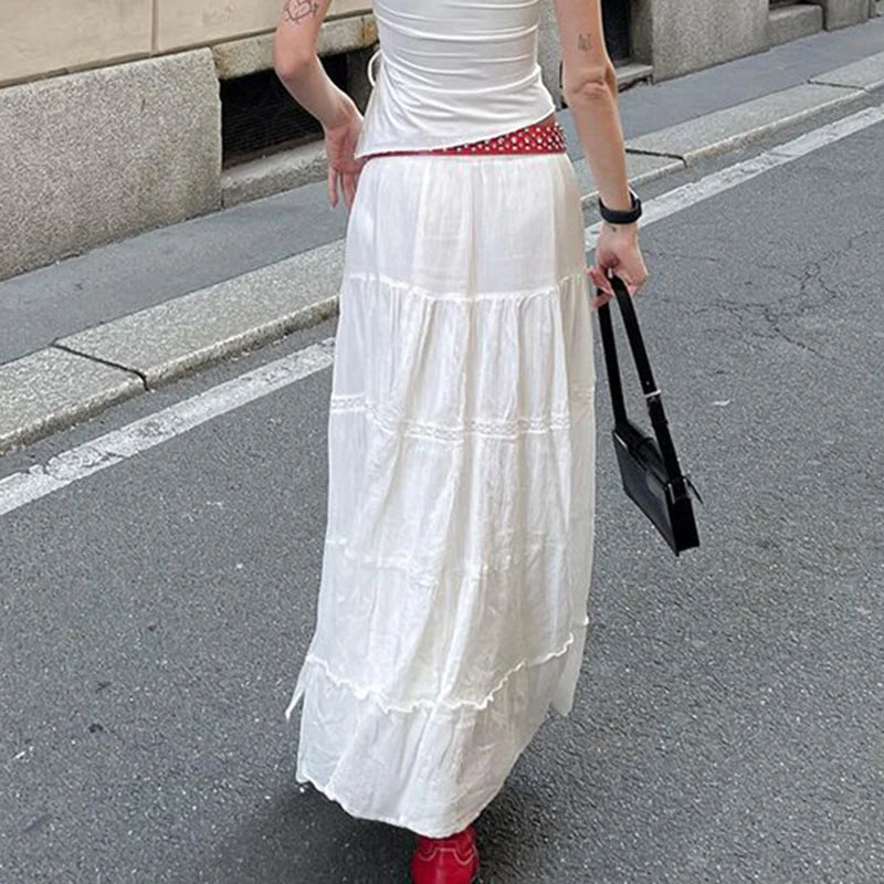 Chic Bohemian White Frill Loose Summer Maxi Skirt Women Fashion Side Split Holidays Y2K Long SKirts Folds A-Line New