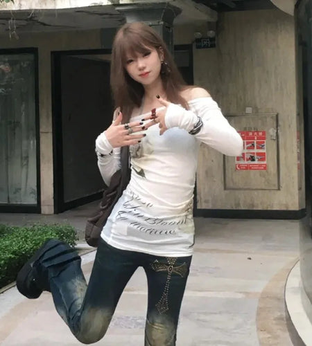 Japanese Y2k Off Shoulder Tops Vintage 2000s Style Knitted T-shirt Harajuku Flower Print Long Sleeve Sheer Tops American