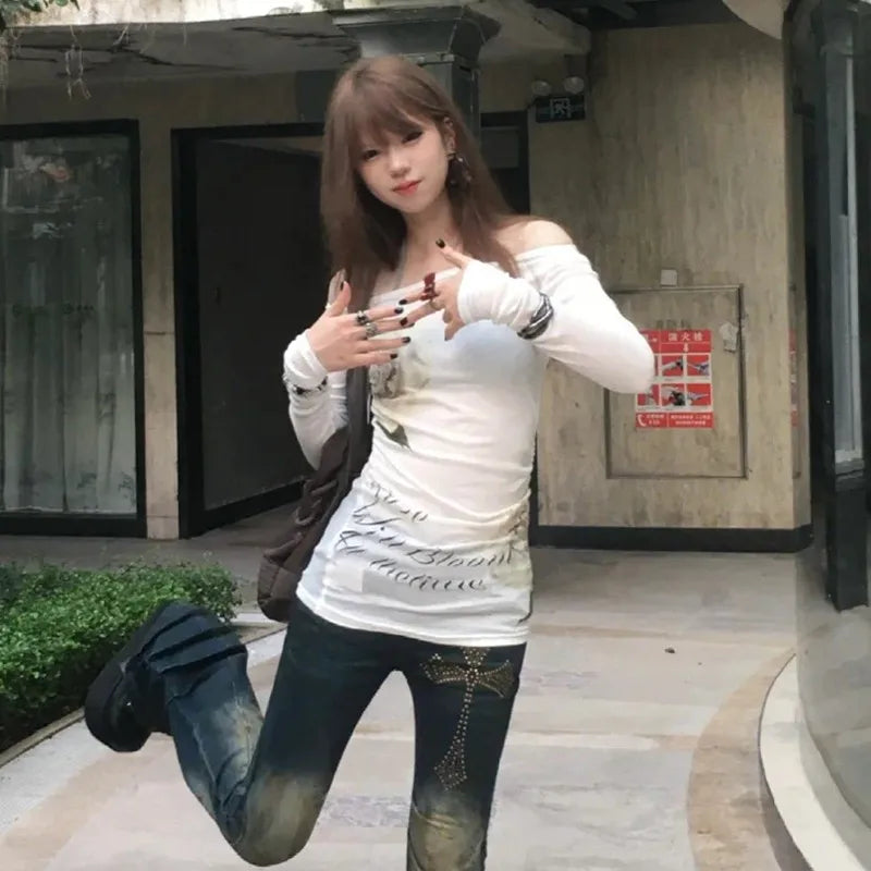 Japanese Y2k Off Shoulder Tops Vintage 2000s Style Knitted T-shirt Harajuku Flower Print Long Sleeve Sheer Tops American